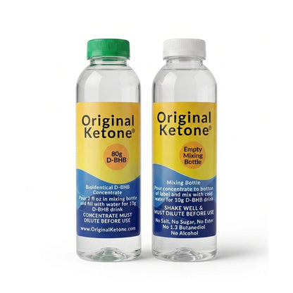 Original Ketone Starter Pack: an 80 g bioidentical D-BHB concentrate bottle beside its labeled mixing bottle.