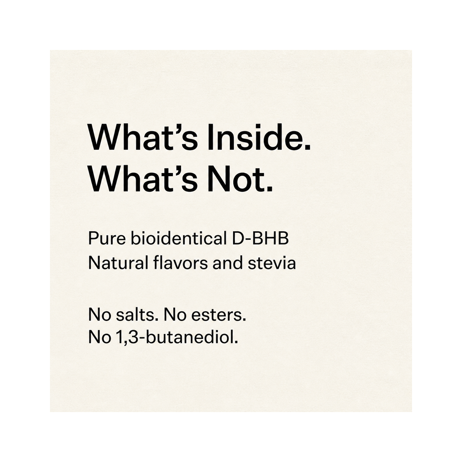 Original Ketone ingredients card: bioidentical D-BHB, natural flavors, and stevia, with the product exclusions listed.